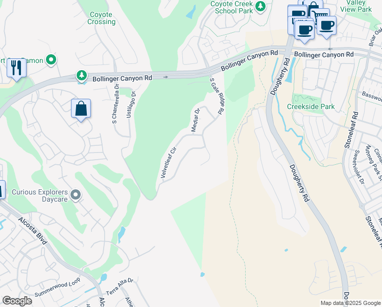 map of restaurants, bars, coffee shops, grocery stores, and more near 9662 Velvetleaf Circle in San Ramon