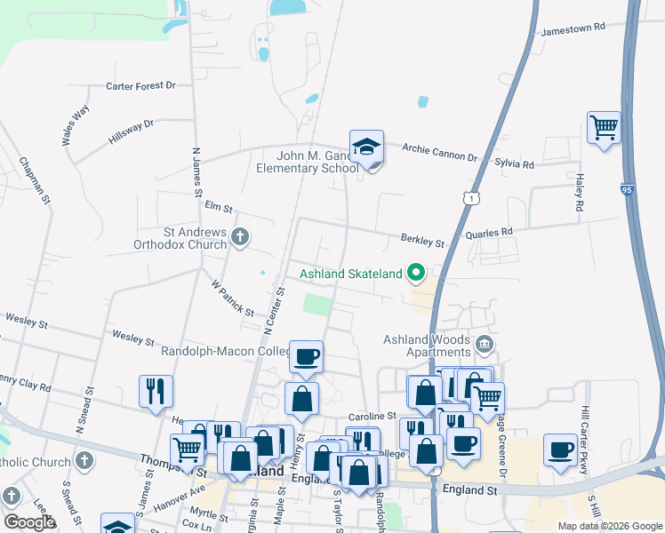 map of restaurants, bars, coffee shops, grocery stores, and more near 600 Henry Street in Ashland