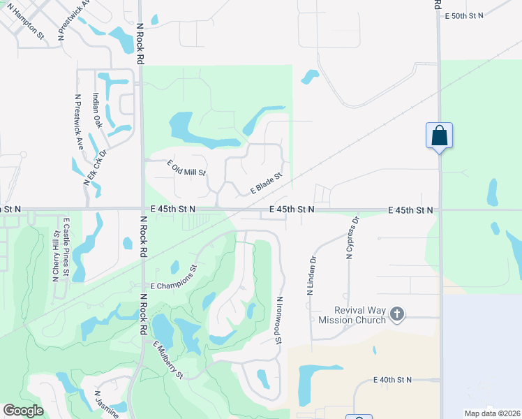 map of restaurants, bars, coffee shops, grocery stores, and more near 9118 East 45th Street North in Wichita
