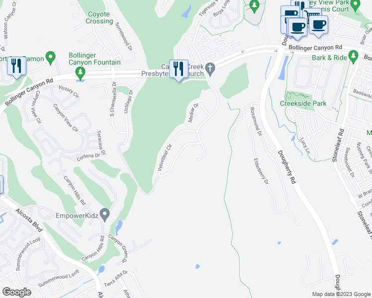 map of restaurants, bars, coffee shops, grocery stores, and more near 9662 Velvetleaf Circle in San Ramon