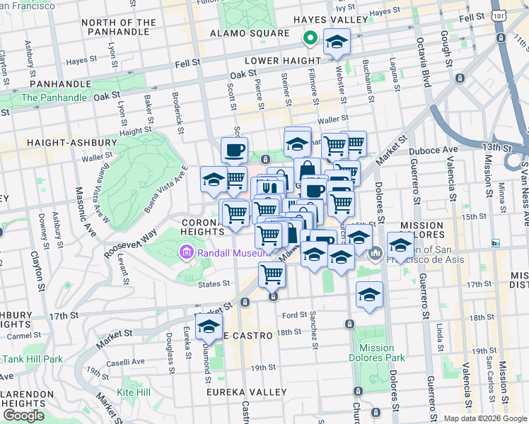 map of restaurants, bars, coffee shops, grocery stores, and more near 140 Noe Street in San Francisco