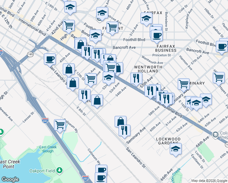 map of restaurants, bars, coffee shops, grocery stores, and more near 1321 54th Avenue in Oakland