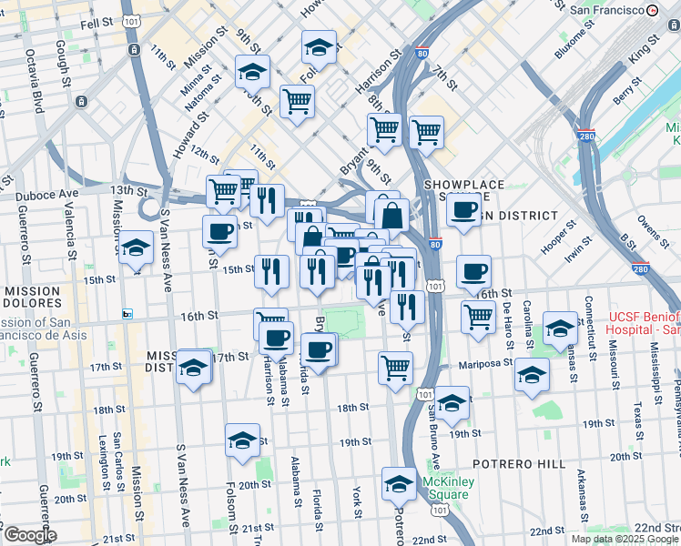 map of restaurants, bars, coffee shops, grocery stores, and more near 1521 Bryant Street in San Francisco