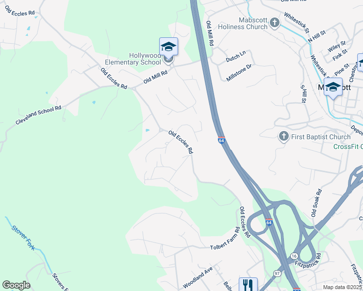 map of restaurants, bars, coffee shops, grocery stores, and more near 509 Old Eccles Road in Beckley