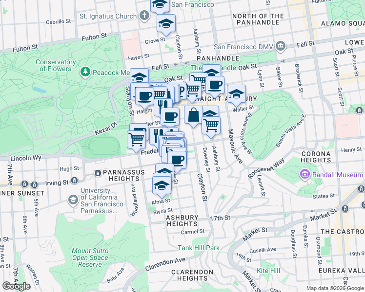 map of restaurants, bars, coffee shops, grocery stores, and more near Frederick St & Belvedere St in San Francisco