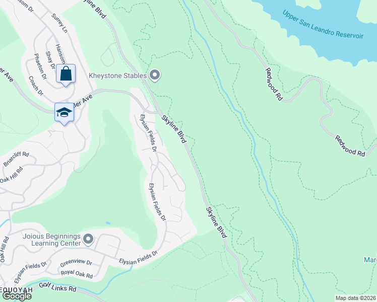 map of restaurants, bars, coffee shops, grocery stores, and more near 14600 Skyline Boulevard in Oakland