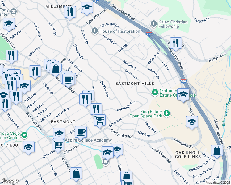 map of restaurants, bars, coffee shops, grocery stores, and more near 7918 Hillmont Drive in Oakland