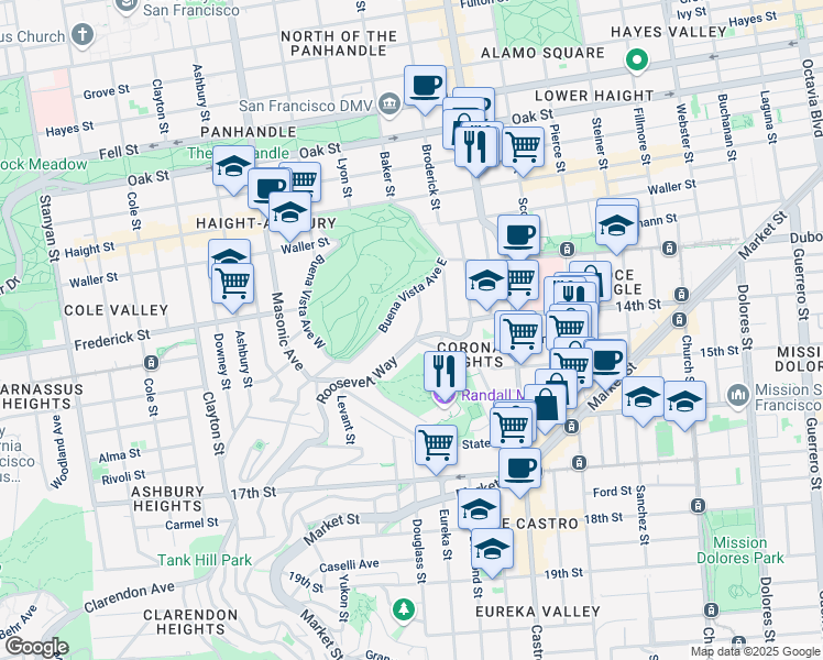 map of restaurants, bars, coffee shops, grocery stores, and more near 351 Buena Vista Avenue East in San Francisco