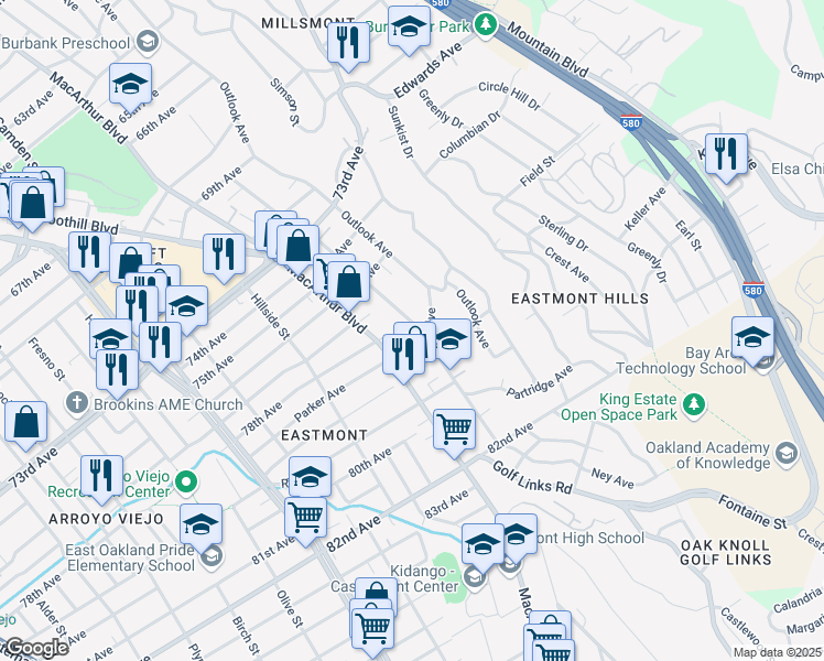 map of restaurants, bars, coffee shops, grocery stores, and more near 7823 Ney Avenue in Oakland