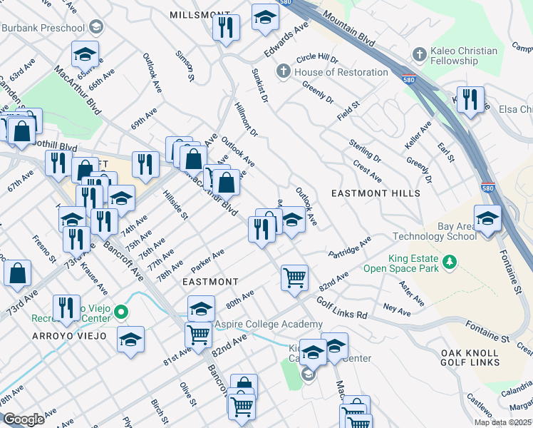 map of restaurants, bars, coffee shops, grocery stores, and more near 7823 Ney Avenue in Oakland