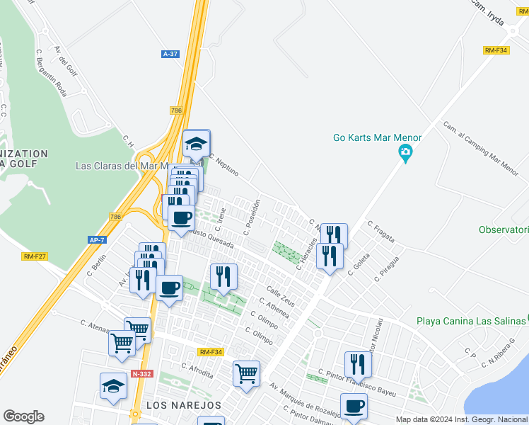 map of restaurants, bars, coffee shops, grocery stores, and more near 44 Calle Cibeles in Los Alcázares