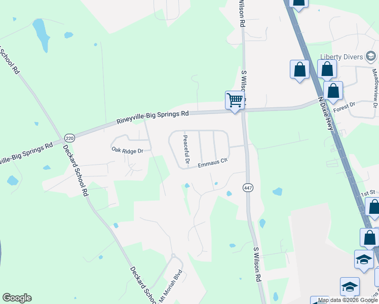 map of restaurants, bars, coffee shops, grocery stores, and more near 607 Peaceful Drive in Elizabethtown