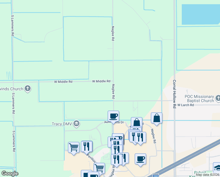 map of restaurants, bars, coffee shops, grocery stores, and more near 21219 Naglee Road in Tracy