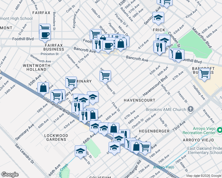 map of restaurants, bars, coffee shops, grocery stores, and more near 6234 Hayes Street in Oakland