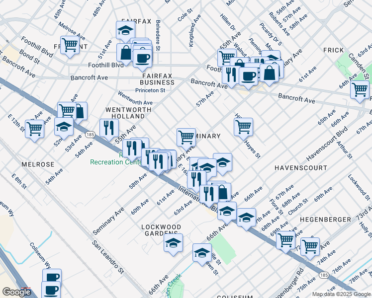 map of restaurants, bars, coffee shops, grocery stores, and more near 1705 Seminary Avenue in Oakland
