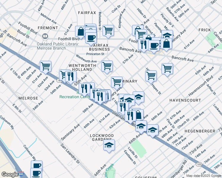 map of restaurants, bars, coffee shops, grocery stores, and more near 1705 Seminary Avenue in Oakland