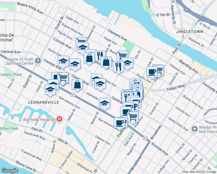 map of restaurants, bars, coffee shops, grocery stores, and more near 1419 Walnut Street in Alameda