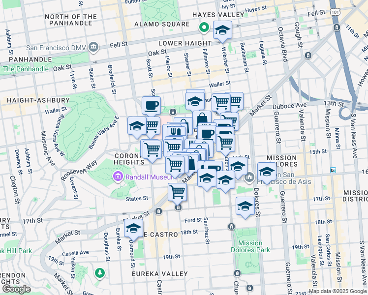 map of restaurants, bars, coffee shops, grocery stores, and more near 129 Noe Street in San Francisco