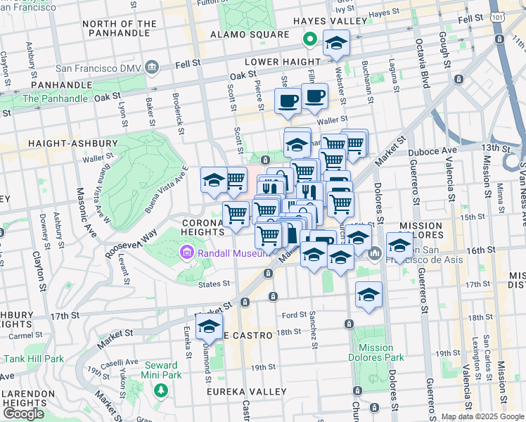 map of restaurants, bars, coffee shops, grocery stores, and more near 129 Noe Street in San Francisco