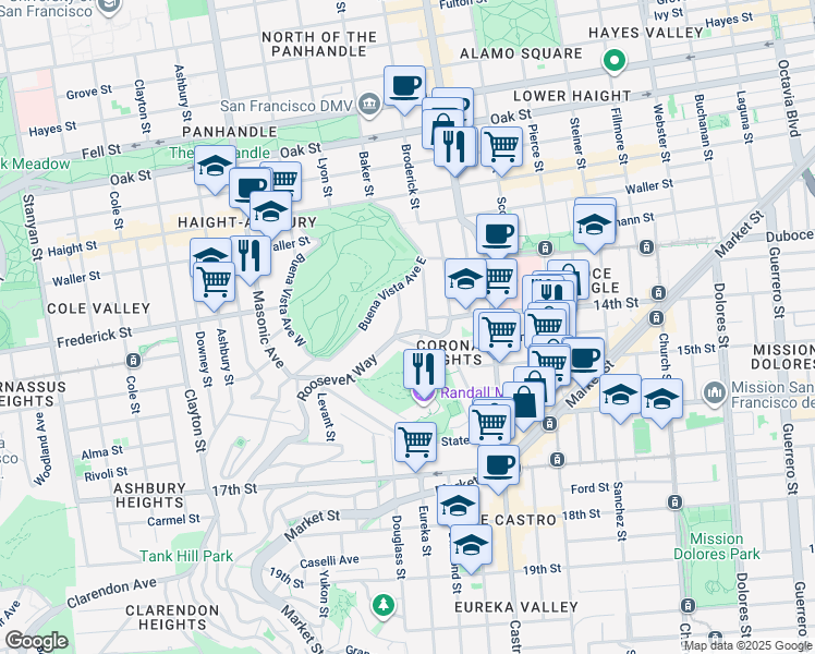 map of restaurants, bars, coffee shops, grocery stores, and more near 77 Park Hill Avenue in San Francisco