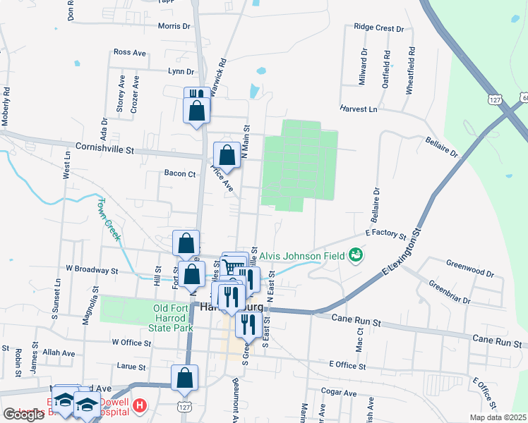 map of restaurants, bars, coffee shops, grocery stores, and more near 411 North Greenville Street in Harrodsburg