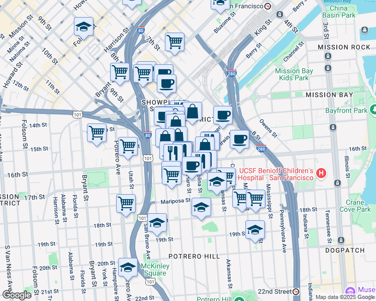 map of restaurants, bars, coffee shops, grocery stores, and more near 13 De Haro Street in San Francisco