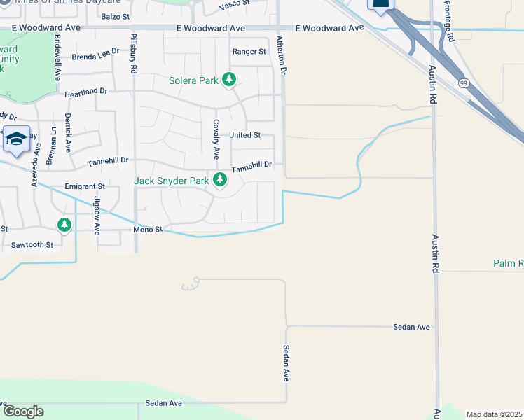 map of restaurants, bars, coffee shops, grocery stores, and more near 2372 Albarino Avenue in Manteca