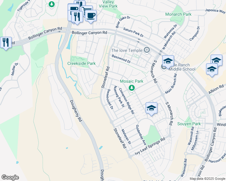 map of restaurants, bars, coffee shops, grocery stores, and more near 3381 Nutmeg Park Street in San Ramon