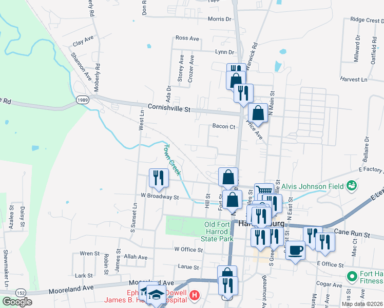 map of restaurants, bars, coffee shops, grocery stores, and more near 369 Bonny Lynn Drive in Harrodsburg