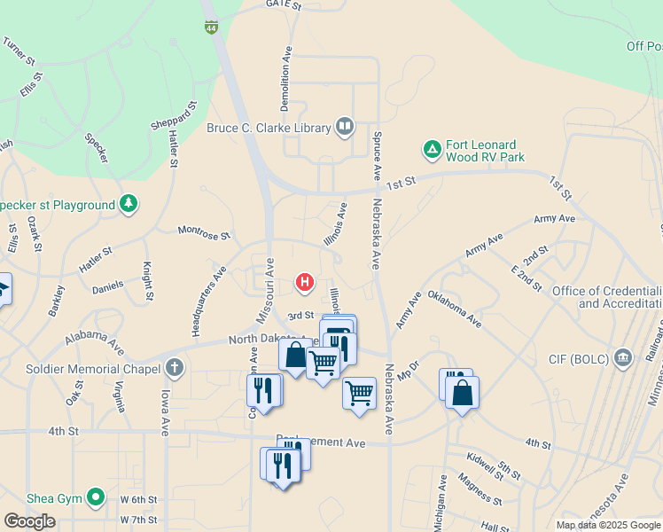 map of restaurants, bars, coffee shops, grocery stores, and more near Illinois Avenue in Fort Leonard Wood