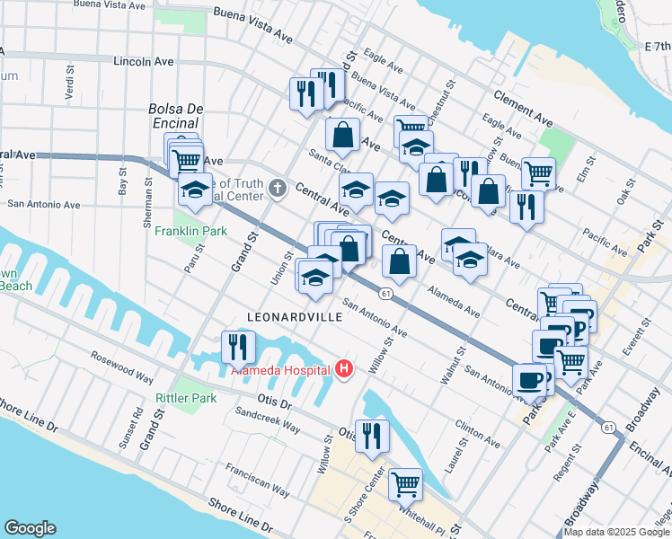 map of restaurants, bars, coffee shops, grocery stores, and more near 1910a Encinal Avenue in Alameda