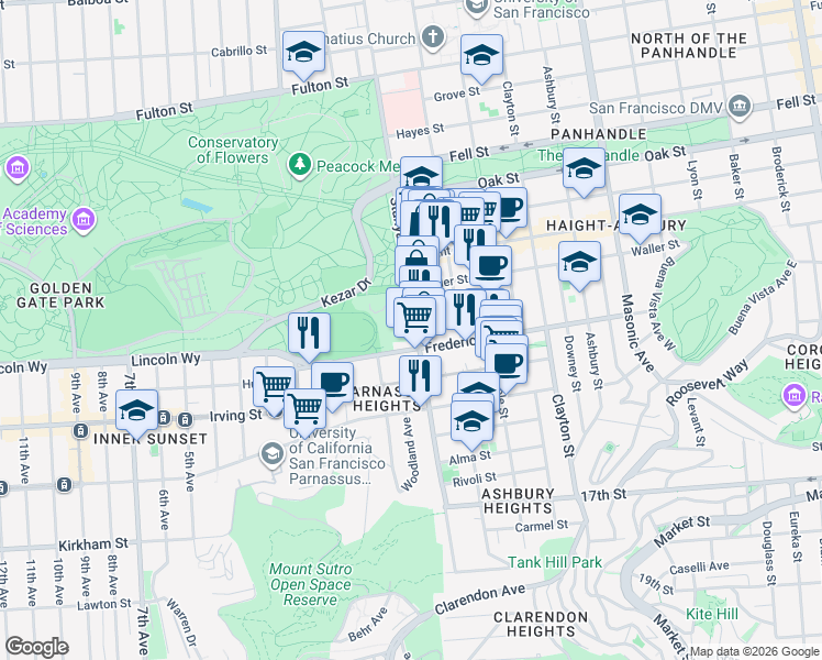 map of restaurants, bars, coffee shops, grocery stores, and more near 825 Stanyan Street in San Francisco