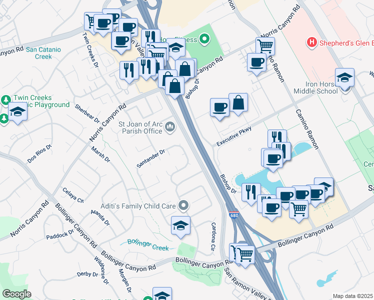 map of restaurants, bars, coffee shops, grocery stores, and more near 576 Santander Drive in San Ramon