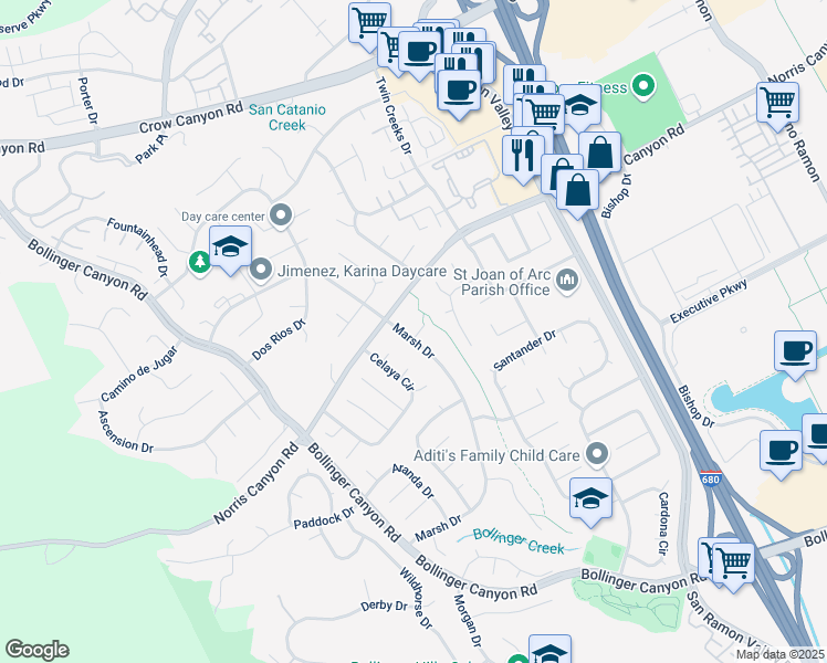 map of restaurants, bars, coffee shops, grocery stores, and more near 600 Guaymas Court in San Ramon