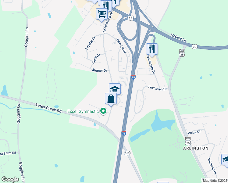 map of restaurants, bars, coffee shops, grocery stores, and more near 550 South Keeneland Drive in Richmond