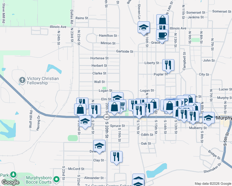 map of restaurants, bars, coffee shops, grocery stores, and more near 301-399 North 19th Street in Murphysboro