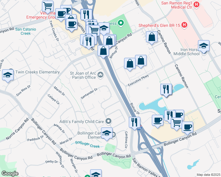 map of restaurants, bars, coffee shops, grocery stores, and more near 576 Santander Drive in San Ramon