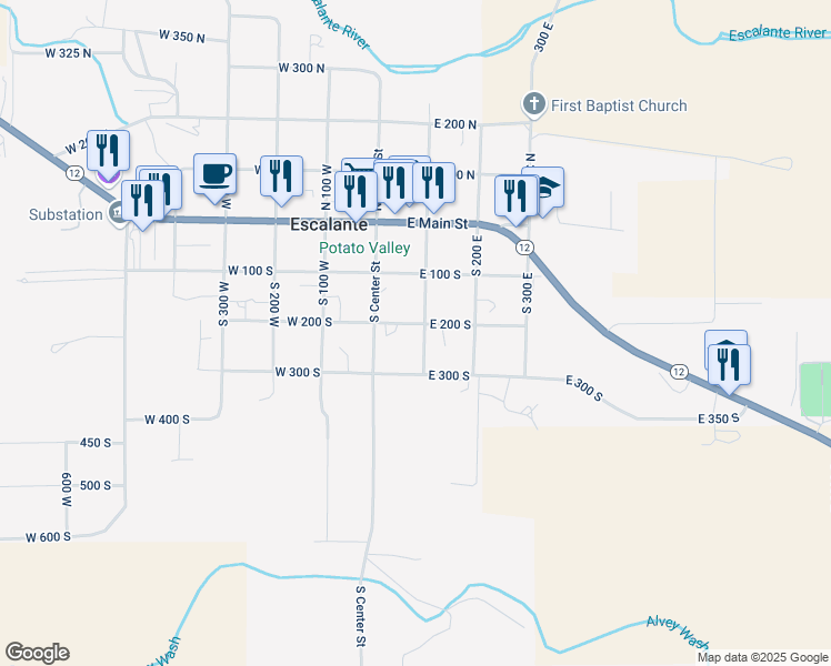 map of restaurants, bars, coffee shops, grocery stores, and more near 80 East 200 South in Escalante