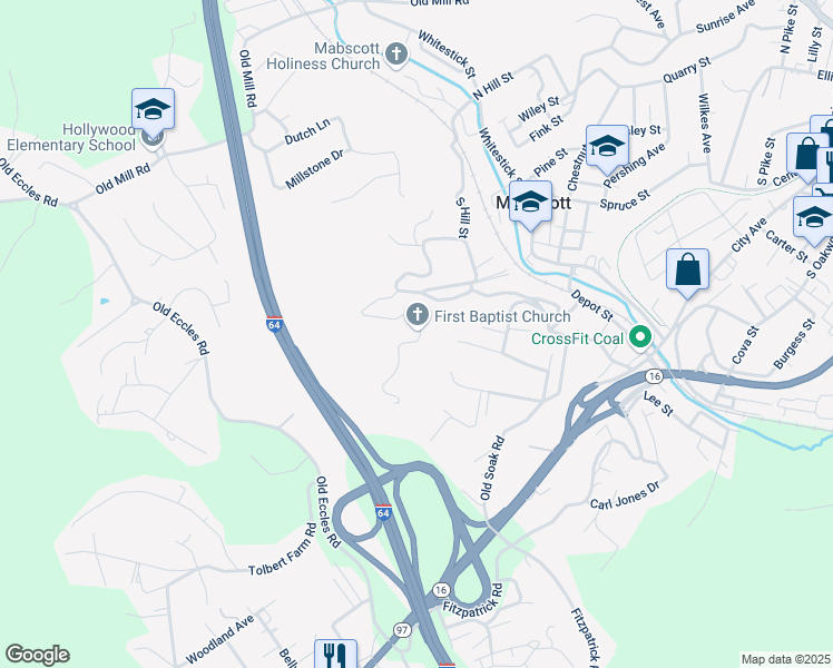 map of restaurants, bars, coffee shops, grocery stores, and more near 240 Kirk Street in Beckley