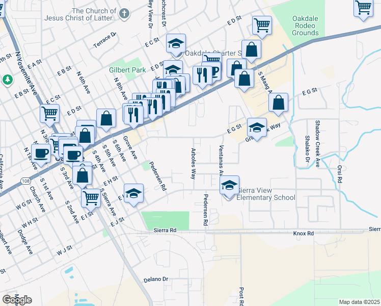 map of restaurants, bars, coffee shops, grocery stores, and more near 294 Arboles Way in Oakdale
