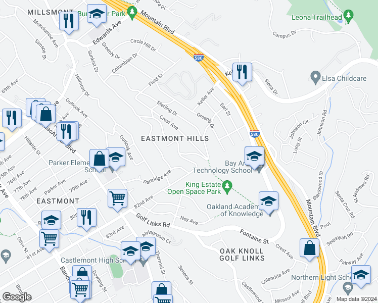 map of restaurants, bars, coffee shops, grocery stores, and more near 8028 McCormick Avenue in Oakland