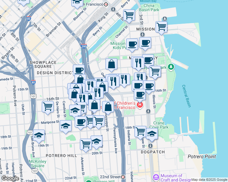 map of restaurants, bars, coffee shops, grocery stores, and more near 1700 Owens Street in San Francisco