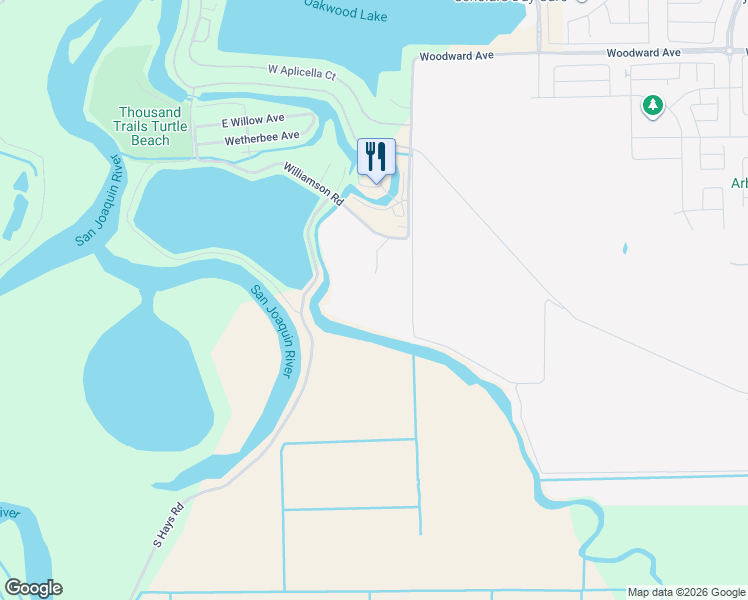 map of restaurants, bars, coffee shops, grocery stores, and more near 1390 Williamson Road in Manteca