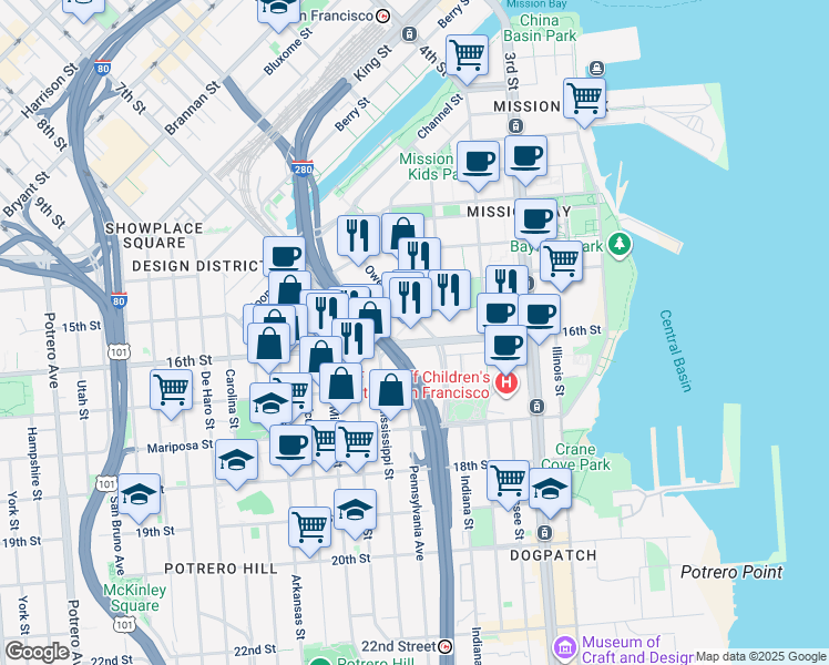 map of restaurants, bars, coffee shops, grocery stores, and more near 1700 Owens Street in San Francisco