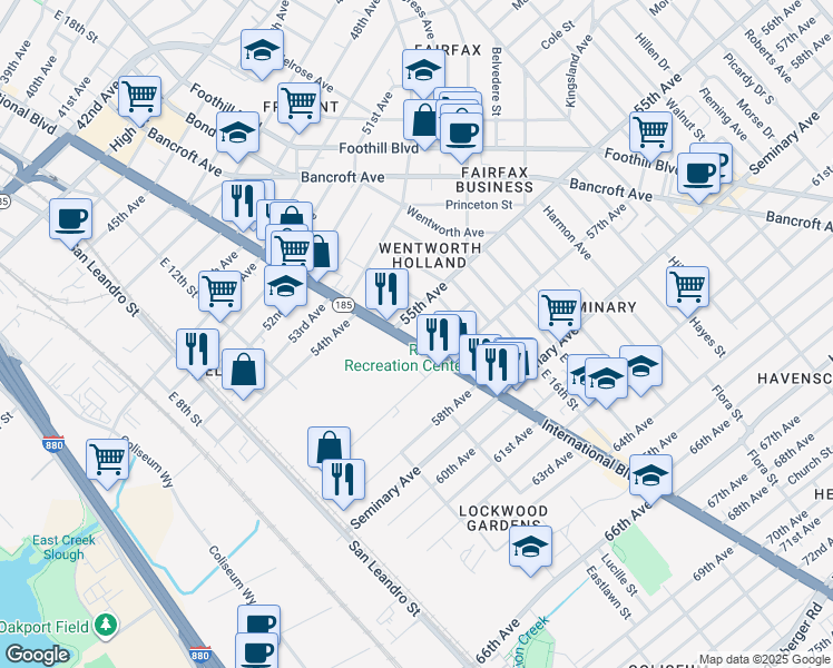 map of restaurants, bars, coffee shops, grocery stores, and more near 5542 International Boulevard in Oakland