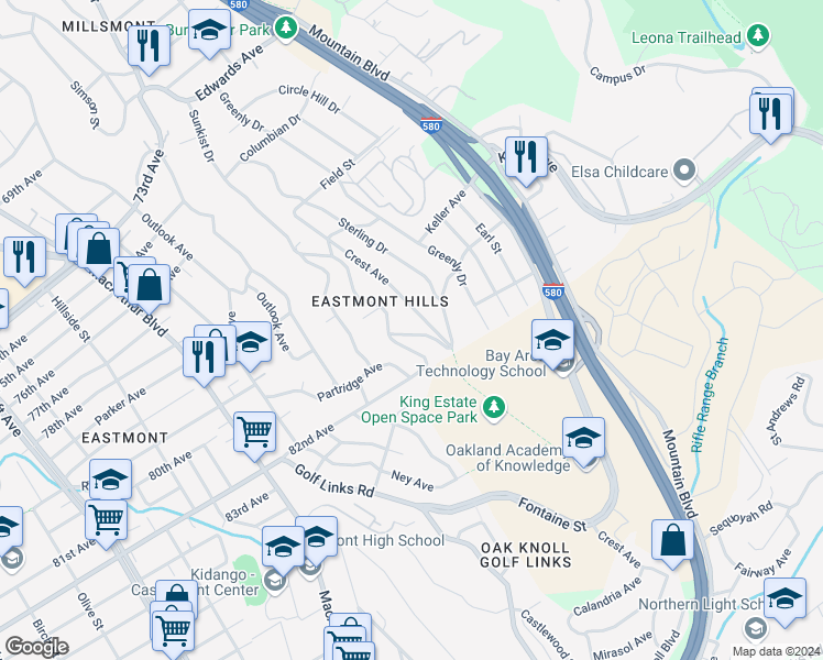 map of restaurants, bars, coffee shops, grocery stores, and more near 8028 McCormick Avenue in Oakland