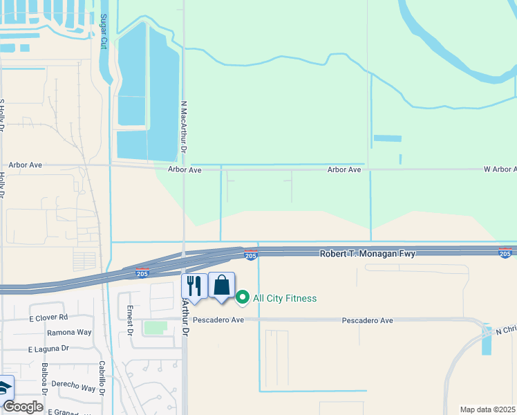 map of restaurants, bars, coffee shops, grocery stores, and more near 8450 Arbor Avenue in Tracy