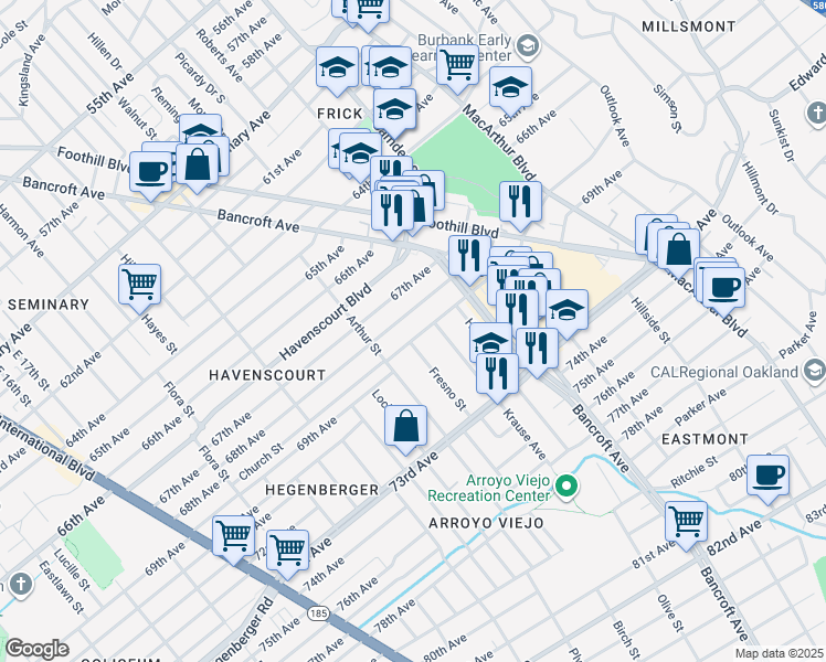 map of restaurants, bars, coffee shops, grocery stores, and more near 2309 Church Street in Oakland