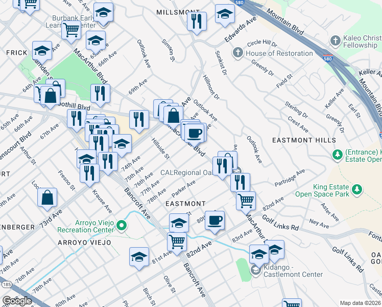 map of restaurants, bars, coffee shops, grocery stores, and more near 2748 76th Avenue in Oakland