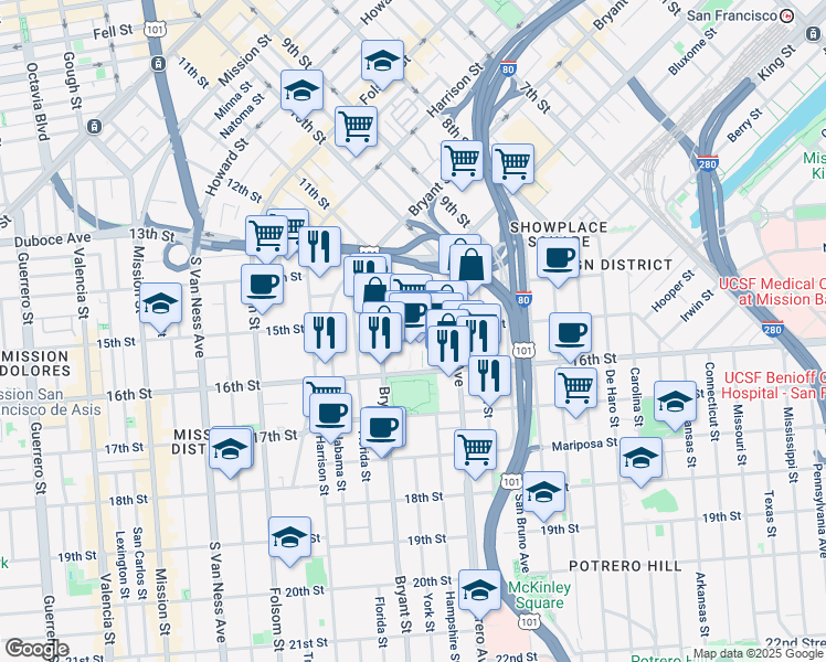 map of restaurants, bars, coffee shops, grocery stores, and more near 1521 Bryant Street in San Francisco